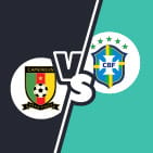 Cameroon vs Brazil Prediction with Odds banner featuring the coat of armsn of both teams respectivley