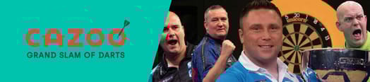 logo of the Grand Slam of Darts and a photo of the top players of the tournament