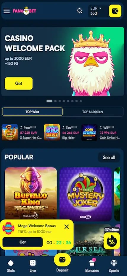 banner showing welcome bonus and games carousel on welcome page