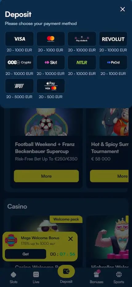 banner showing fanobet casino deposit information