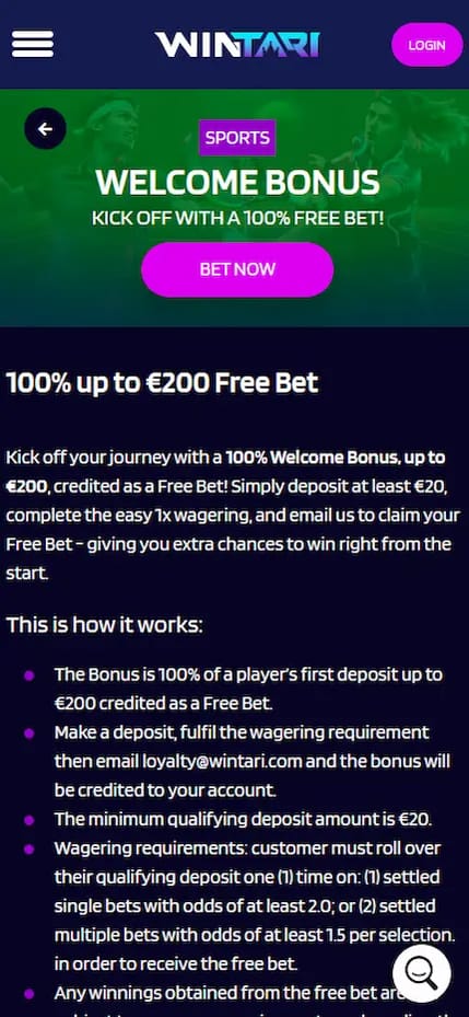wintari sport banner showing bonus