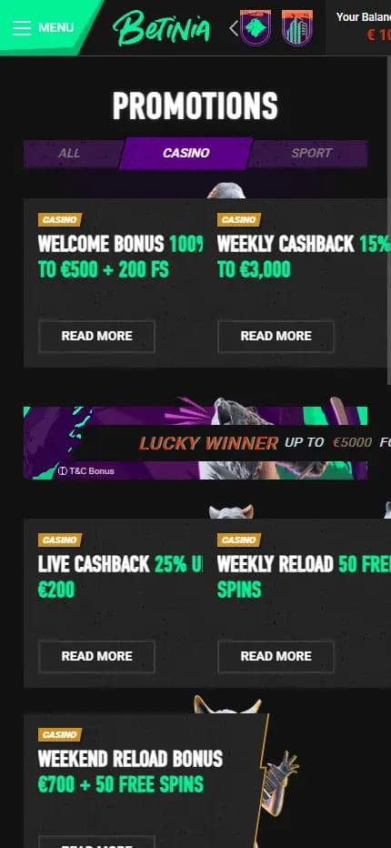 Betinia Casino promotions page on the Casino tab, showing welcome bonus, weekly cashback, live cashback and weekly reload offers with the Lucky Winner banner