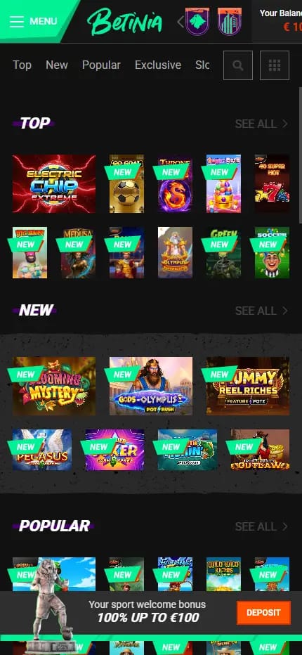 Betinia Casino All Games lobby showing new slot releases such as Crown Strike, Money Plane, Freya 1000 and Wolf of London, with category tabs above