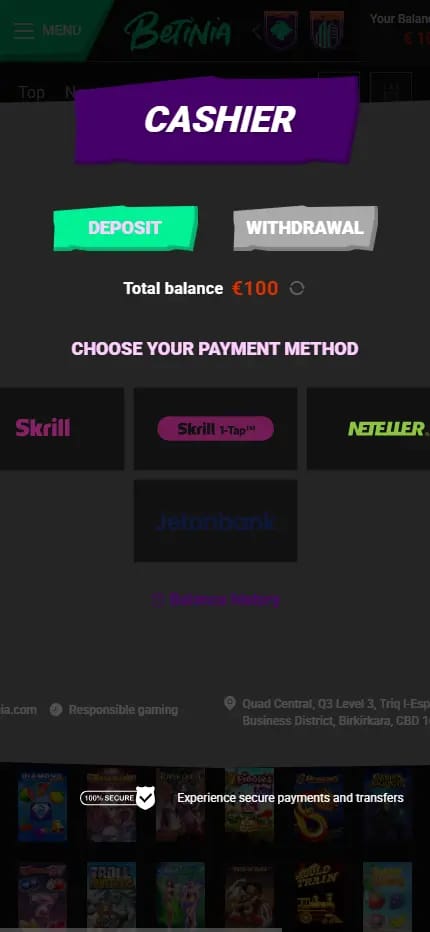 Betinia Casino cashier deposit tab listing Skrill, Skrill 1-Tap, Neteller and Jetonbank as payment methods, with withdrawal tab beside it