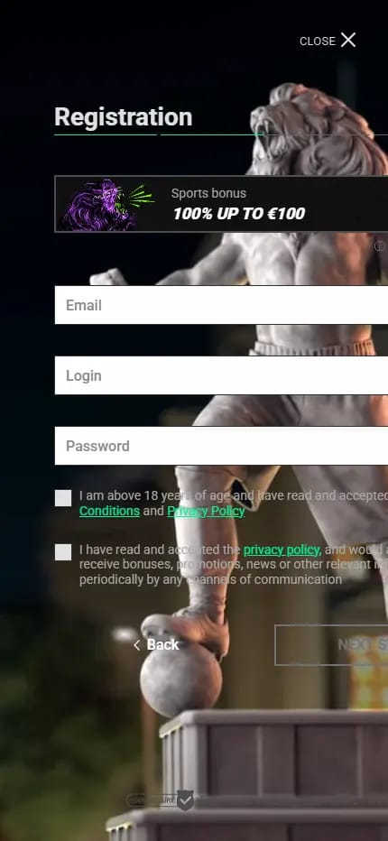 Betinia Casino registration form, step 2 of 4, with email, login and password fields, a switchable welcome bonus banner and consent checkboxes