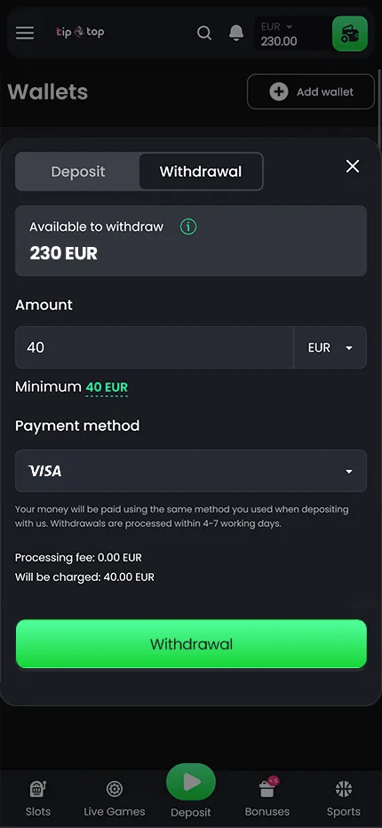 Tip-Top Casino cashier showing a Visa withdrawal with a €40 minimum from a €230 balance