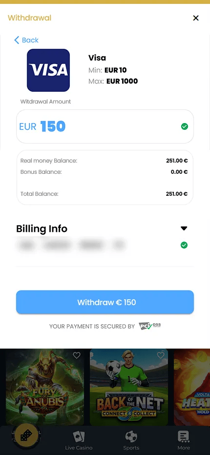 RoyalistPlay withdrawal window showing a €150 Visa cashout from a €768 balance