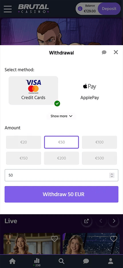 Brutal Casino withdrawal screen with card, Apple Pay and MiFinity payout methods and preset amounts