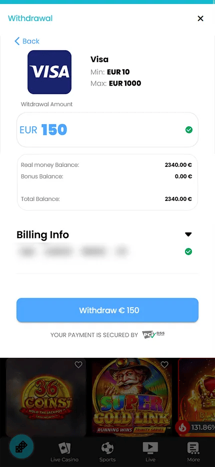 Festival Play cashier showing a €150 Visa withdrawal from a €2,340 real money balance
