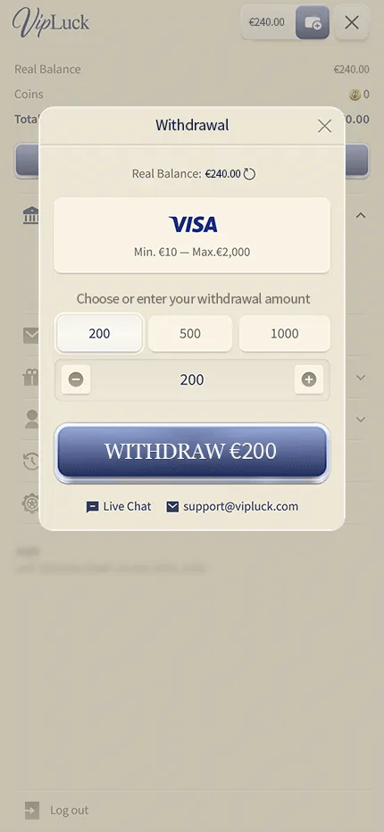 VipLuck Casino withdrawal window showing a €200 Visa cashout, limits €10 to €2,000