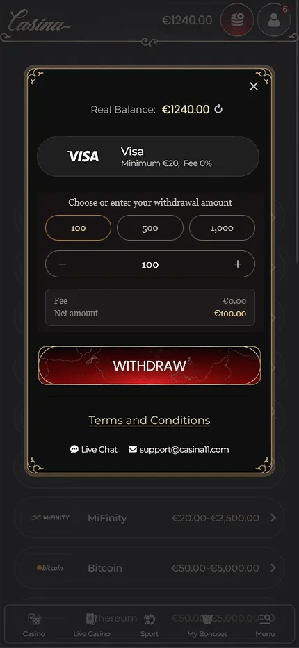 Casina Casino withdrawal window showing a €100 Visa cashout with 0% fee from a €1,240 balance