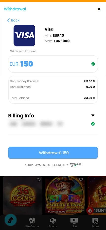 DirectionBet cashier showing a €150 Visa withdrawal, minimum €10 and maximum €1,000