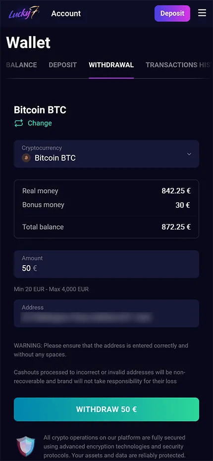 Lucky7even wallet showing a Bitcoin withdrawal with €842 withdrawable and €30 locked by bonus