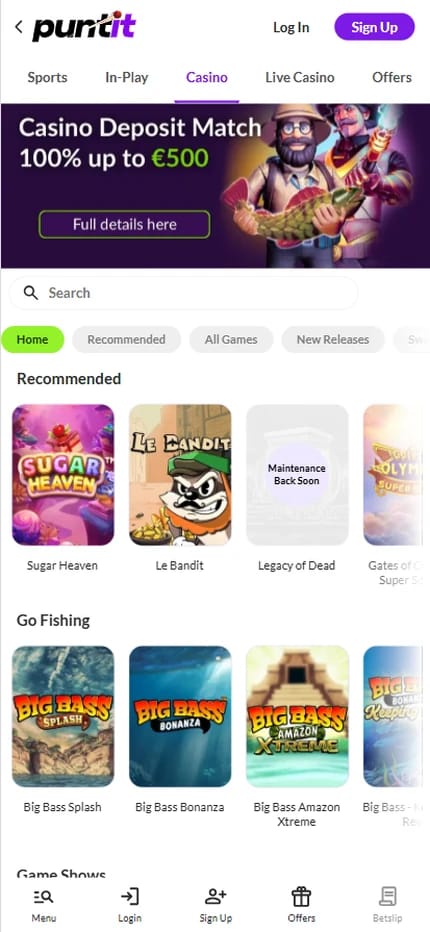 Puntit casino lobby with a 100% up to €500 casino deposit match banner, sports and live casino tabs, and recommended games Sugar Heaven, Le Bandit and Big Bass Splash.