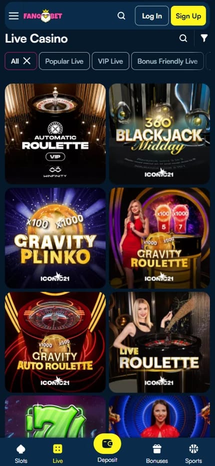 Fano.bet live casino lobby with popular, VIP and bonus friendly filters, showing Automatic Roulette VIP, 360 Blackjack Midday, Gravity Plinko and Gravity Roulette tables.