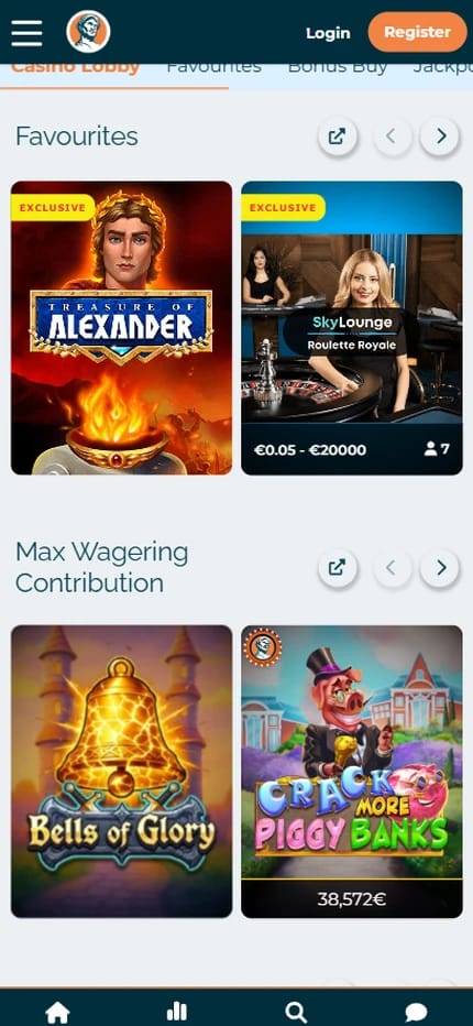 Alexander Casino lobby showing exclusive games Treasure of Alexander and SkyLounge Roulette Royale, plus a max wagering contribution row with Bells of Glory and Crack More Piggy Banks.