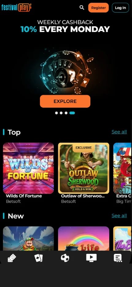 Festival Play casino home page promoting 10% weekly cashback every Monday, with Top games Wilds of Fortune and Outlaw of Sherwood by Betsoft shown below the banner.