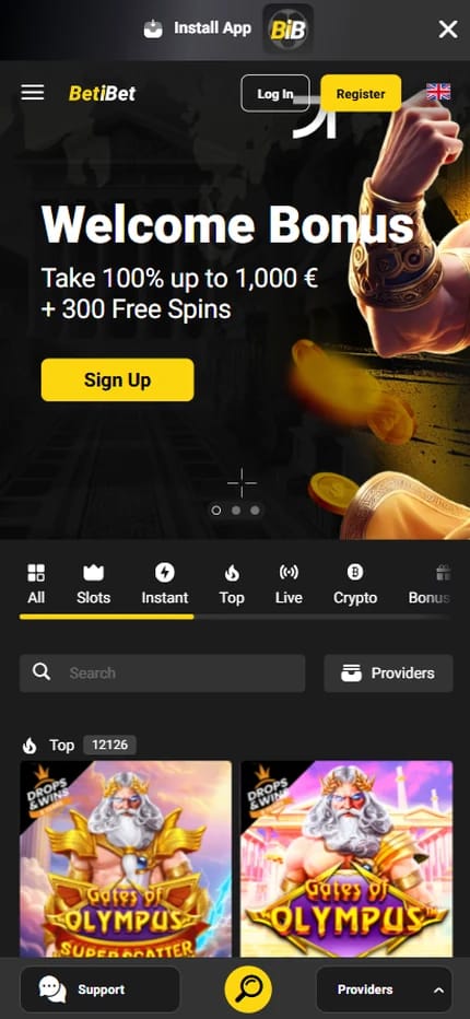 BetiBet welcome bonus of 100% up to €1,000 plus 300 free spins, with the casino lobby tabs for slots, instant, live and crypto games and Gates of Olympus below.