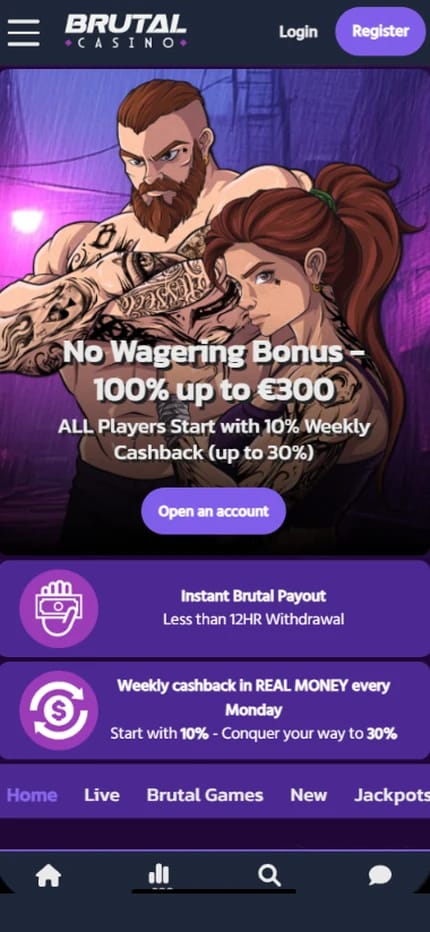 Brutal Casino home page showing the no wagering bonus of 100% up to €300, 10% weekly cashback rising to 30% and an instant payout promise of under 12 hours.
