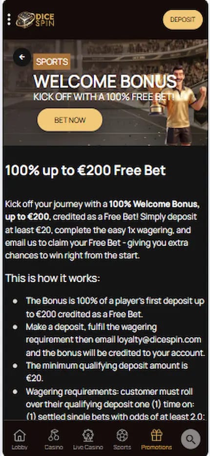 dicespin-sport banner showing sports welcome bonus