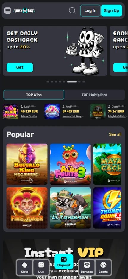Inky.bet promotions page showing the daily cashback and instant rakeback offer cards for casino players, with rakeback advertised at up to 20 percent
