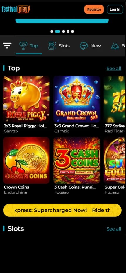 Festival Play casino homepage carousel showing the welcome offer banner of a 100 percent match up to 500 euro plus 100 free spins for new players
