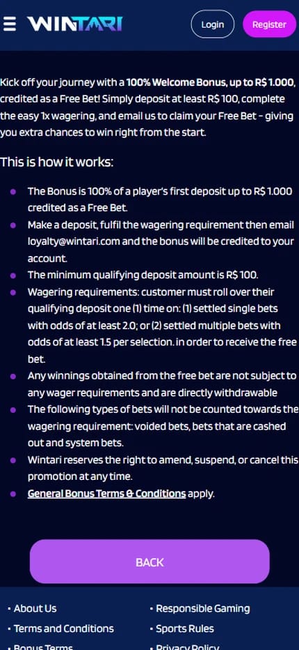 Wintari welcome free bet terms for Irish bettors, a 100 percent first deposit bonus credited as a free bet with the qualifying steps and wagering conditions listed