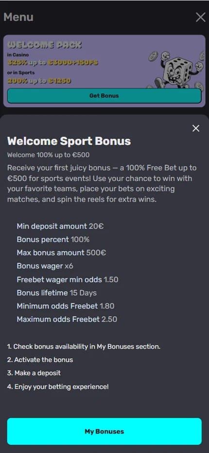 Inky.bet welcome sport bonus for Irish bettors, 100 percent up to €500 as a free bet with a €20 minimum deposit and x6 bonus wagering