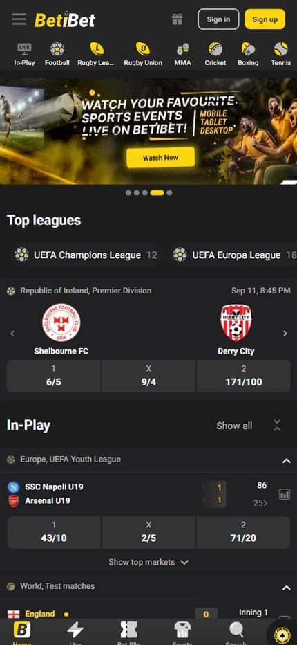 Betibet sportsbook for Irish bettors, League of Ireland Premier Division odds on Shelbourne against Derry City with a live statistics panel
