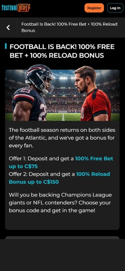FestivalPlay football promotion for Irish bettors, a 100 percent free bet with a 100 percent reload bonus on the promotions page
