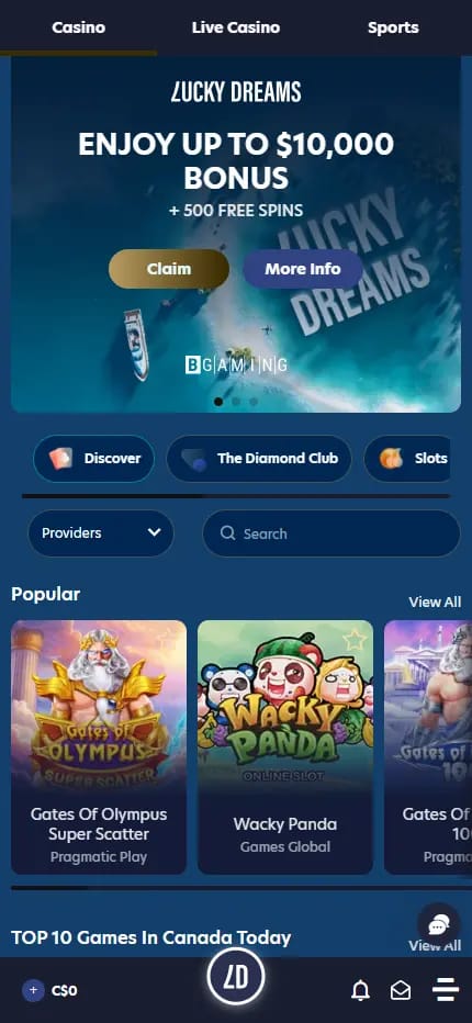 Lucky Dreams Casino desktop homepage banner showing the up to $10,000 welcome bonus plus 500 free spins, with Claim and More Info buttons