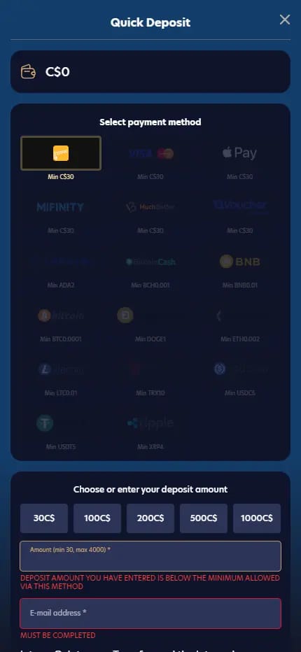 Lucky Dreams Casino mobile Quick Deposit screen showing payment methods such as Visa, Mastercard, Apple Pay, MiFinity, MuchBetter and crypto, with minimum deposit amounts and preset deposit buttons