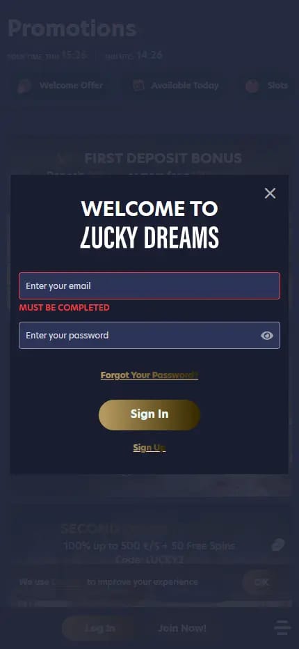 Lucky Dreams Casino desktop sign-in window with email and password fields, a Sign In button and a Sign Up link, over the Promotions page