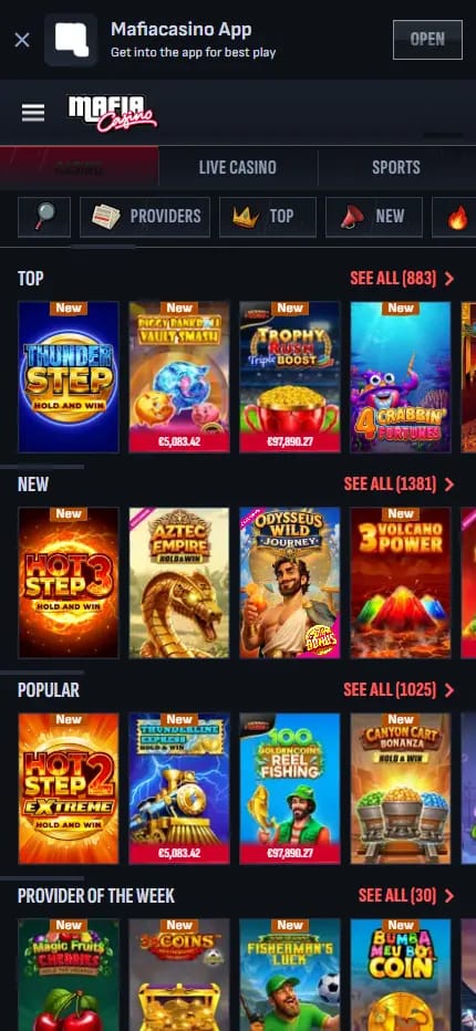 Mafia Casino games lobby on desktop showing category filters and rows of new and popular slots