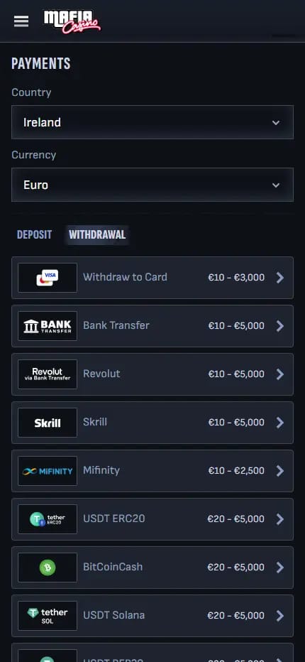 Mafia Casino mobile payments page showing withdrawal methods and limits for Irish players in euro