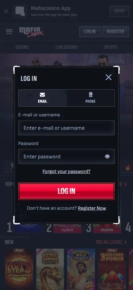 Mafia Casino login window on mobile with email and phone options, password field and Register Now link