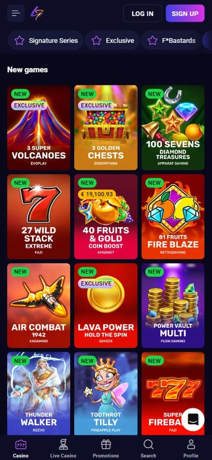 Lucky7even new games shelf for Irish players, exclusive releases including 3 Super Volcanoes and 3 Golden Chests across a filtered game library