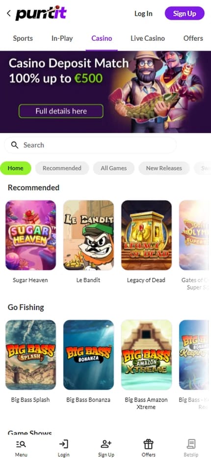 Puntit casino lobby for Irish players, a casino deposit match of 100 percent up to €500 above a recommended games row and a live mini games panel