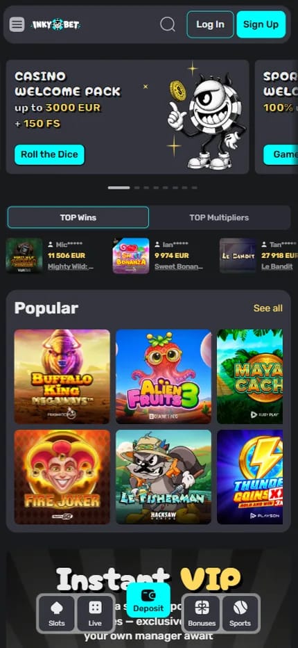 Inky.bet casino homepage showing the Casino Welcome Pack of up to 3000 euro plus 150 free spins for new players
