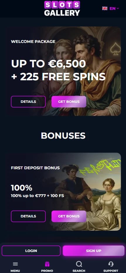 Slotsgallery casino promotions page showing the Welcome Package of up to 6500 euro plus 225 free spins for new players