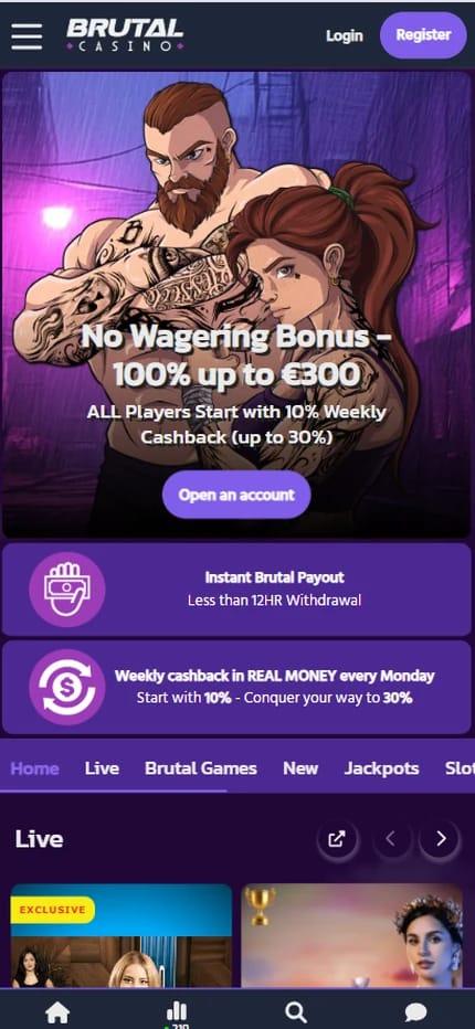 Brutal Casino homepage showing the No Wagering Bonus of 100 percent up to 300 euro with 10 percent weekly cashback for all players