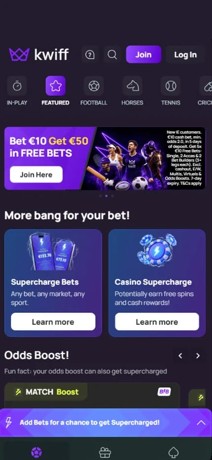 kwiff sportsbook for Irish bettors, the bet ten euro get fifty euro in free bets welcome offer above the Supercharge Bets and Casino Supercharge panels