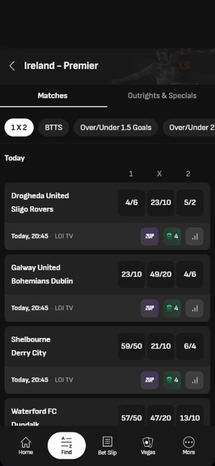 LiveScore Bet football betting for Irish bettors, League of Ireland Premier Division match odds on Drogheda United against Sligo Rovers and Shelbourne against Derry City with LOI TV streaming flagged