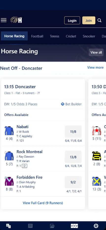 William Hill horse racing betting for Irish bettors, the 13:paypal-34.webp/5 odds for 3 places and prices on Nabati, Rock Montreal and Forbidden Fire
