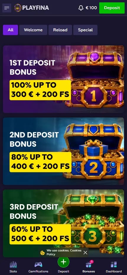Playfina Casino welcome tab showing four deposit bonus cards