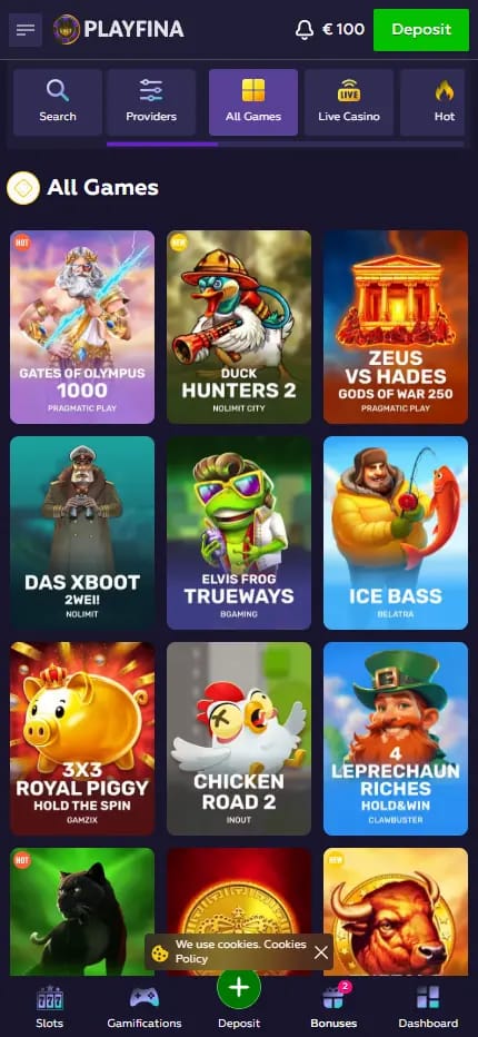 Playfina Casino All Games lobby with slot tiles and studio names