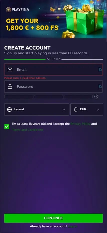 Playfina Casino registration form