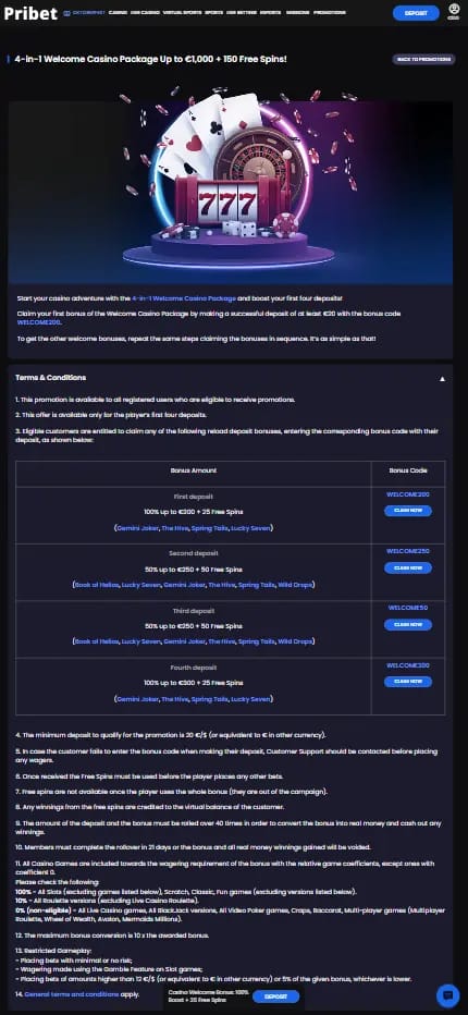 pribet-casino banner showing welcome bonus