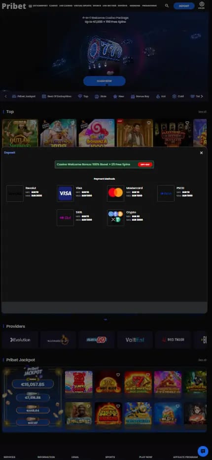 pribet-casino banner showing payment options
