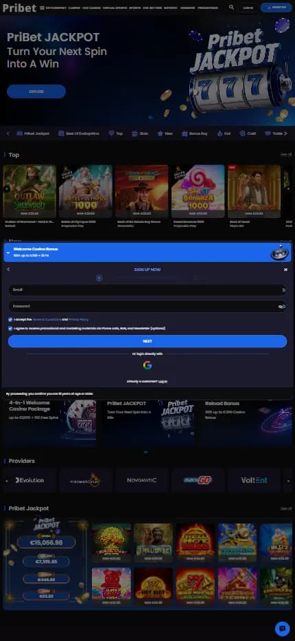 pribet-casino banner showing sign up process